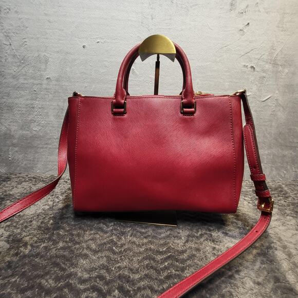 Michael Kors Kellen Satchel Bag Womens Medium Cherry Red Leather Crossbody Purse - Picture 4 of 9